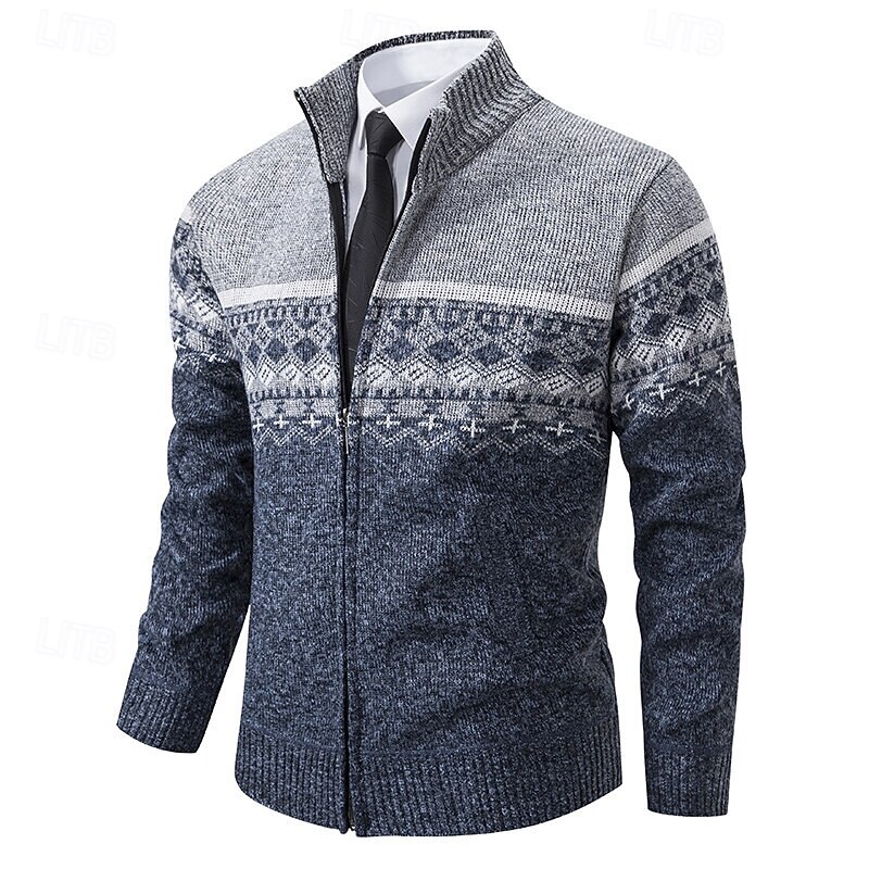 Christmas Men's Diamond Pattern Fair Isle Sweater Zip Sweater Knitwear Stand Collar Casual Vacation Home Daily Zip Up Long Sleeve Fall Winter Wine Blue Light Grey4