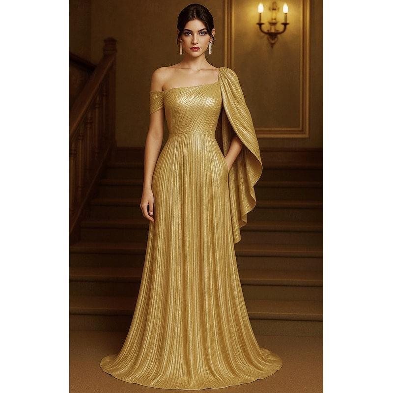 A-Line Evening Gown Elegant Formal Dress Formal Wedding Floor Length Short Sleeve One Shoulder Capes Lurex Fabric with Glitter Ruffles 2025