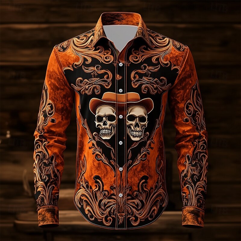 Men's Paisley Skull Day of the Dead Shirt Western Shirt Cowboy Shirt Long Sleeve Vintage Retro Outdoor Vacation Spring Fall Turndown 3D Print Linen Like Shirt Orange
