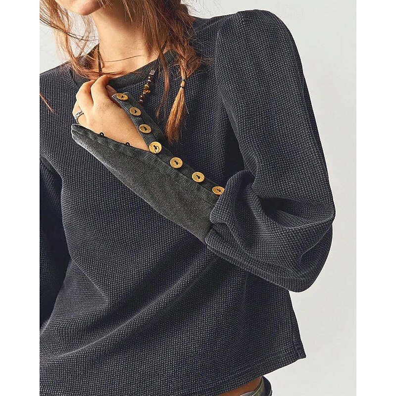 Women's Pullover Sweatshirt Plain Casual Long Sleeve Crew Neck Regular Tops Street Dailywear Patchwork Buttons Dark Gray Fall Winter