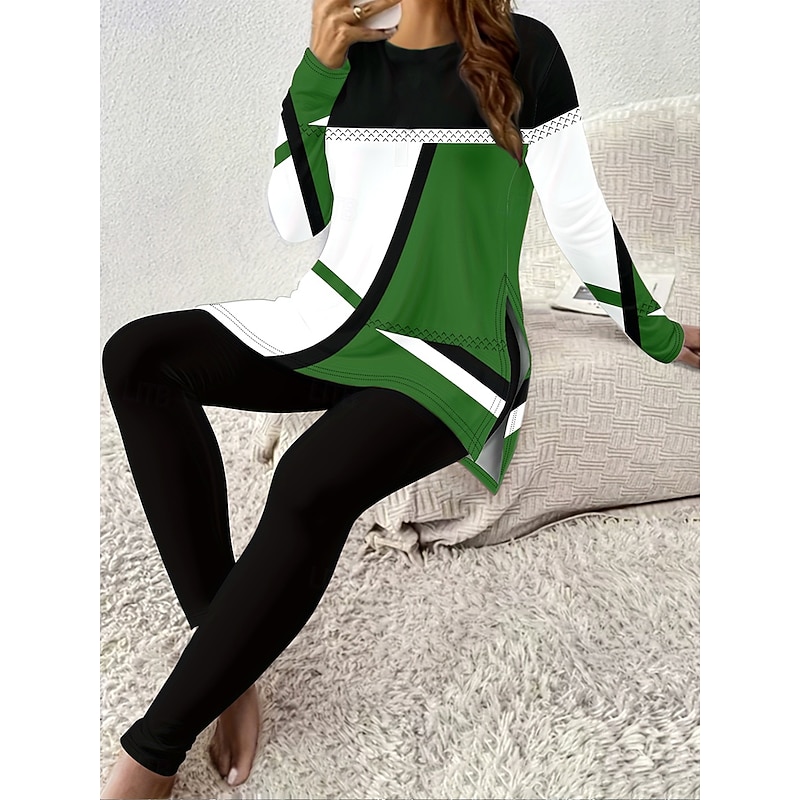 Women's Elegant Vacation Fashion T Shirt Pants Sets Long Sleeve Crew Neck Round Neck Graphic Geometric Striped Print Casual Daily Casual Daily Burgundy Green Dark Gray Spring Regular Fit3
