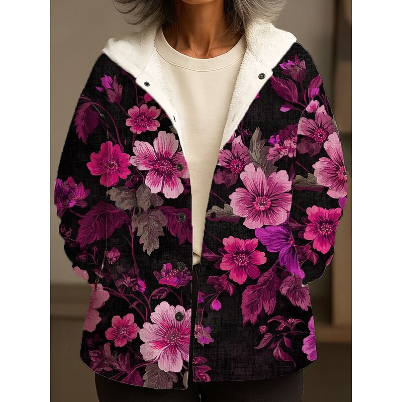 Women's Winter Coat Winter Jacket Warm Quick Dry Buttons Daily Modern Casual Comfortable Floral Vacation Casual Athleisure Daily Regular Hooded Regular Fit Long Sleeve Outerwear Yellow Pink Blue3