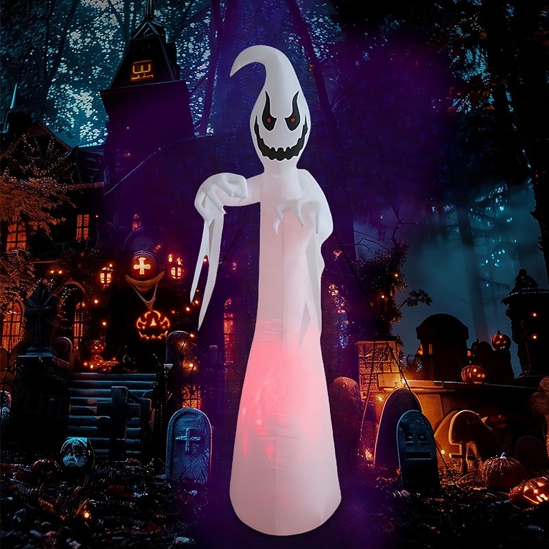 1 Pc 2.7M/9FT Halloween Horror Ghost White Ghost LED Flame Lamp Inflatable Air Model Indoor and Outdoor Courtyard Garden Lawn Party Horror Atmosphere Decorative Lamp EU/US/UK/AU Plug4