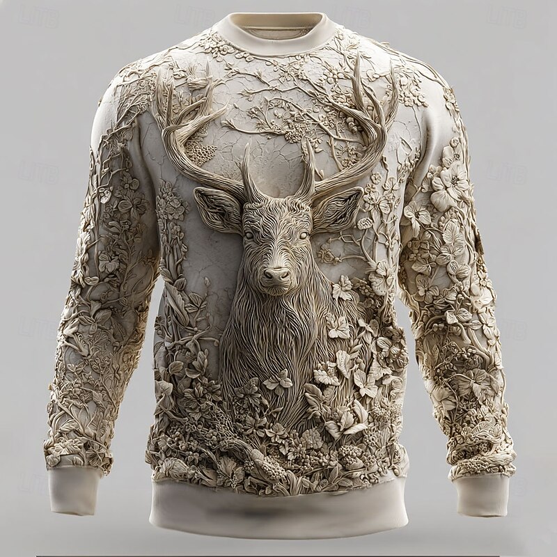 Men's 3D Print Deer Sweatshirt Casual Crew Neck Vacation Party Gift Red Blue Crewneck 3D All Seasons Designer