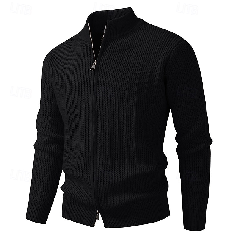 Men's Sweater Cardigan Sweater Ribbed Knit Regular Tops Knitted Solid Color Stand Collar Vacation Fashion Casual Daily Wear Clothing Apparel Spring &  Fall Black Green M L XL3