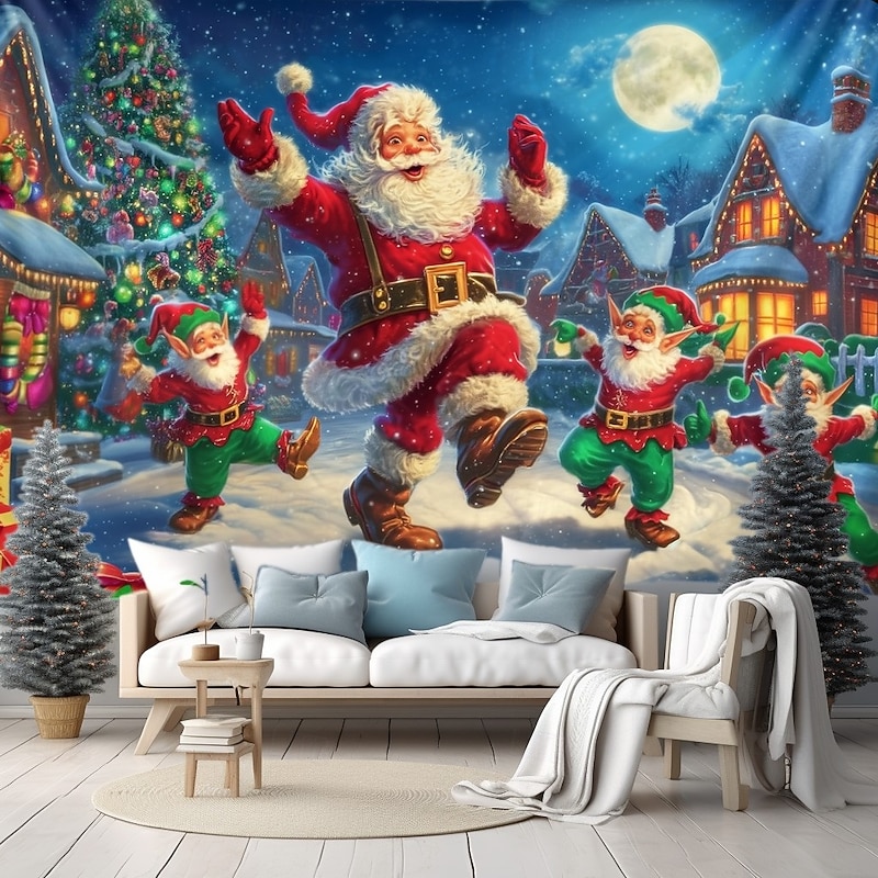 Christmas Wall Tapestry Backdrop, Santa Claus Flying Sleigh with Reindeer under Night Sky, 2025 Xmas Winter Wonderland Holiday Wall Hanging for Bedroom Living Room