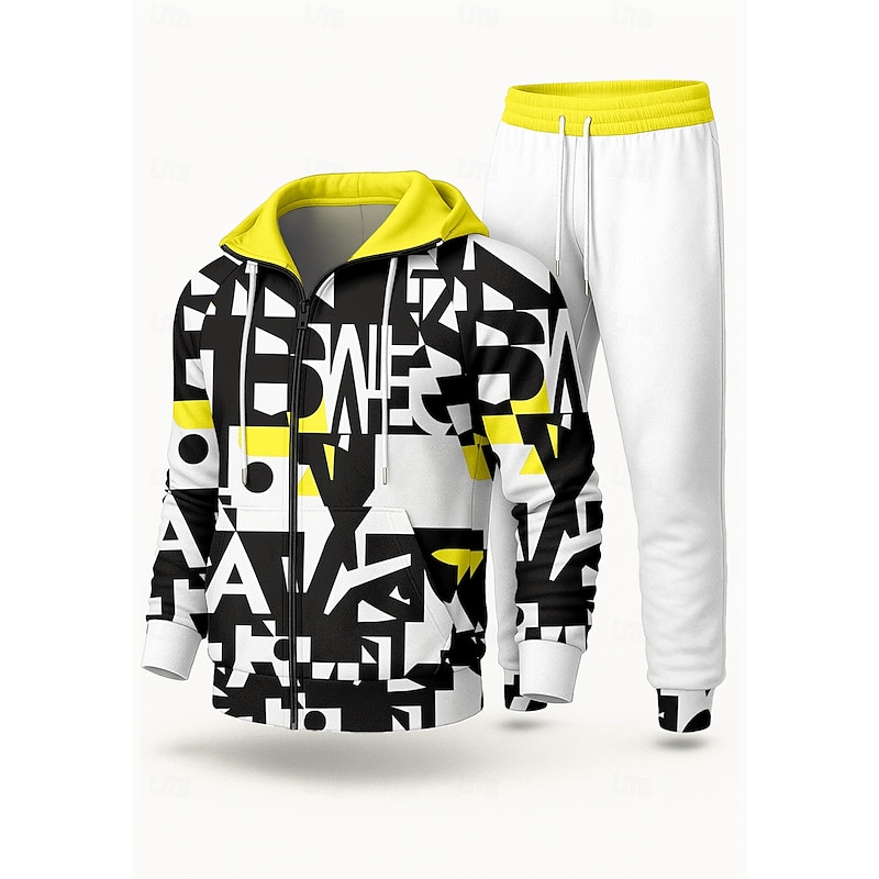 Men's Hoodie Tracksuit 2 Piece Tracksuit Drawstring Zip Up Geometric Clothing Suit Fall Yellow Vocation Outdoor Travel Lightweight Fashion Long Sleeve Sport Activewear Stretchy Regular Fit