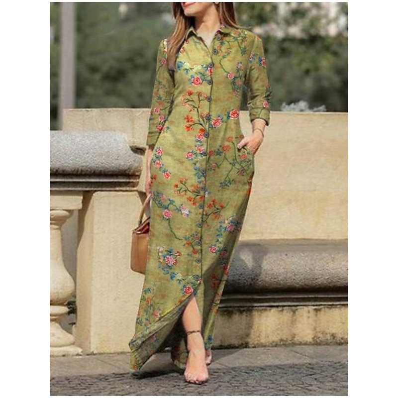 Women's Maxi Dress A Line Dress Casual Daily Regular Fit Floral Long Sleeve Lapel White Pink Navy Blue Blue Spring Fall2