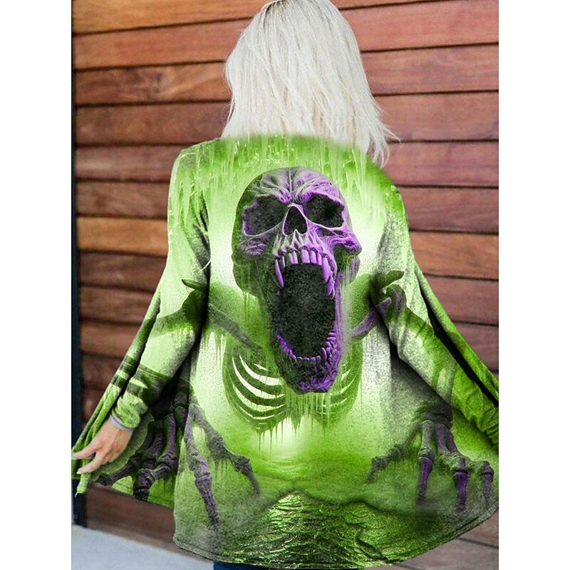 Women's Coat Lightweight Comfortable Print Open Front Vintage Artistic Casual Halloween Skull Casual Short Collarless Regular Fit Long Sleeve Outerwear Blue Purple Orange Spring Fall4