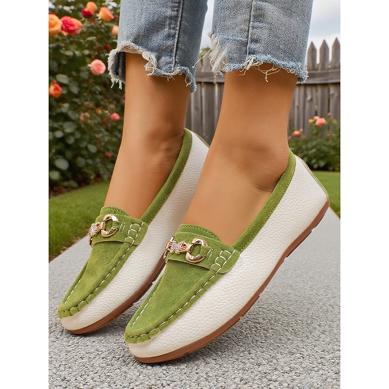 Women's Green Loafers – Slip-On Driving Shoes with Rhinestone Metal Buckle for Office and Casual Outfits3
