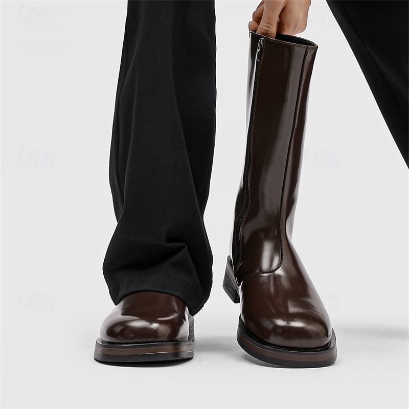 Men's Brown Faux Leather Mid-Calf Boots – Sleek Zipper Design, Classic Retro Style, Comfortable Fit for Business, Formal Events and Casual Wear2