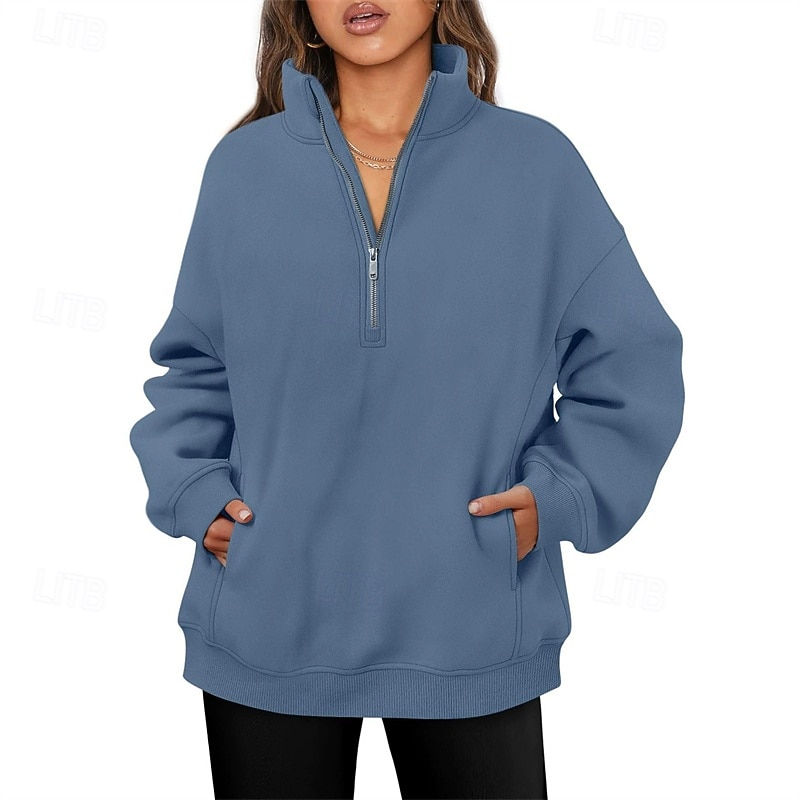Women's Pullover Sweatshirts Zip Up Sweatshirts Plain Sports Fashion Casual Long Sleeve High Neck Regular Tops Street Dailywear Going out Half Zipper Quarter Zipper Zipper Blue Fall Winter