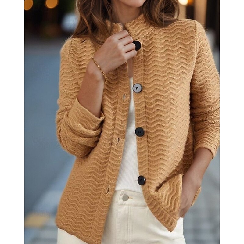 Women's Sweater Cardigan Streetwear Casual Solid Color Cable Crew Neck Buttons Knitted Long Sleeve Regular Tops Knit Outdoor Daily Holiday Brown Fall Winter