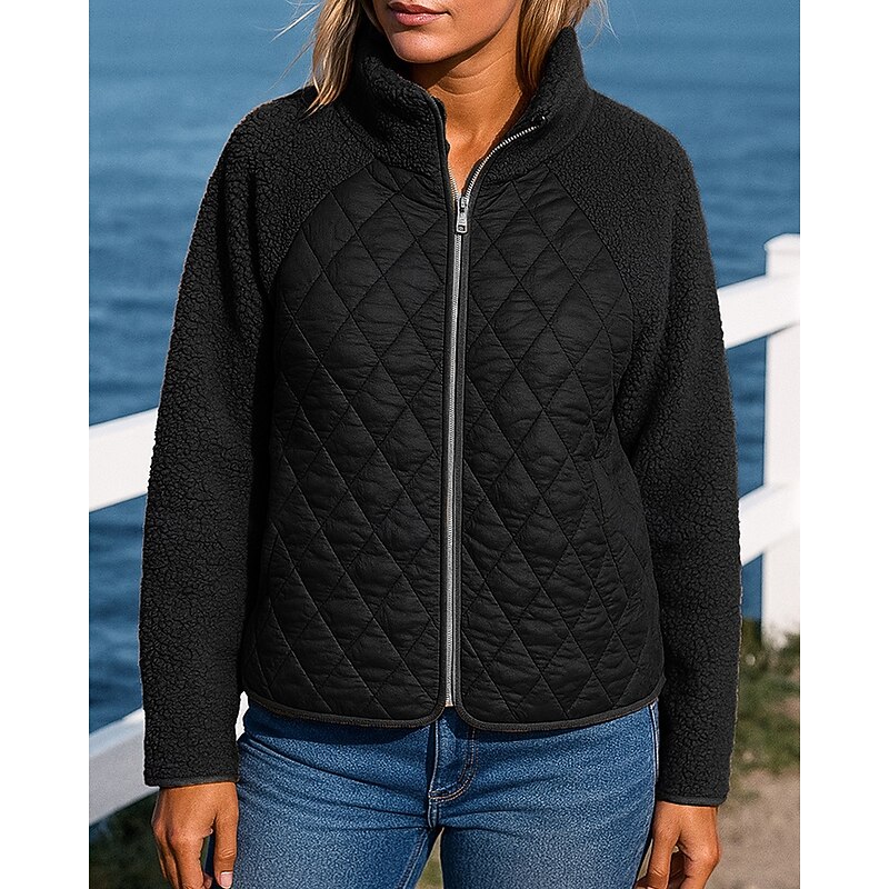 Women's Fleece Jacket Winter Coat Puffer Jacket Zip Up Long Sleeve Top Athleisure Solid Colored Windproof Warm Outdoor Travel Sports Sportswear Activewear Black White Pink4