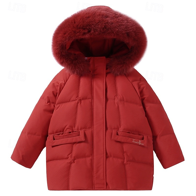 Kids Girls' Down Jacket Outdoor Jacket Puffer Jacket Solid Color Fashion Fur Trim Keep Warm Windproof Outdoor Coat Outerwear 4-12 Years Fall Black Yellow Red4