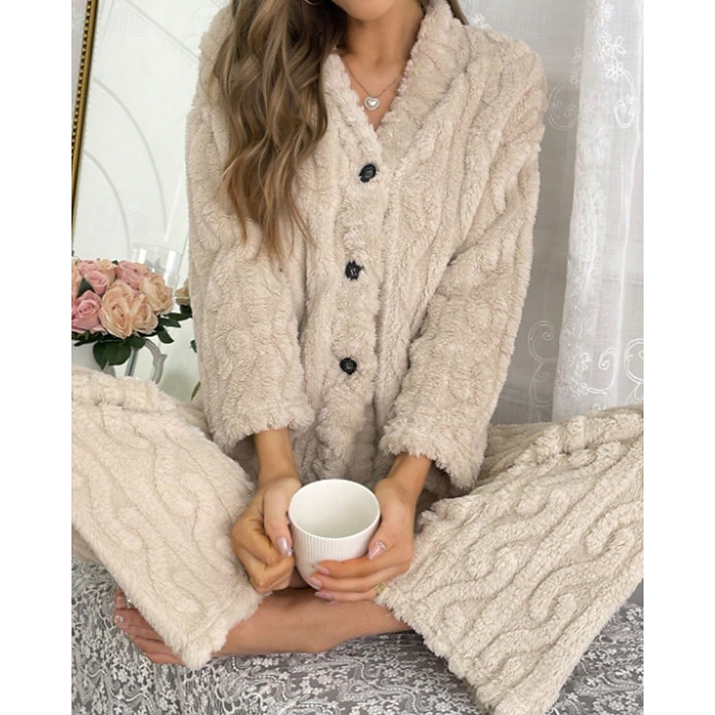 Women's Pajamas Pajama Set Casual Pure Color Elastic Waist Buttons Pant Vacation Home Bed Long Sleeve V Neck Khaki Fall Winter Loose Fit4