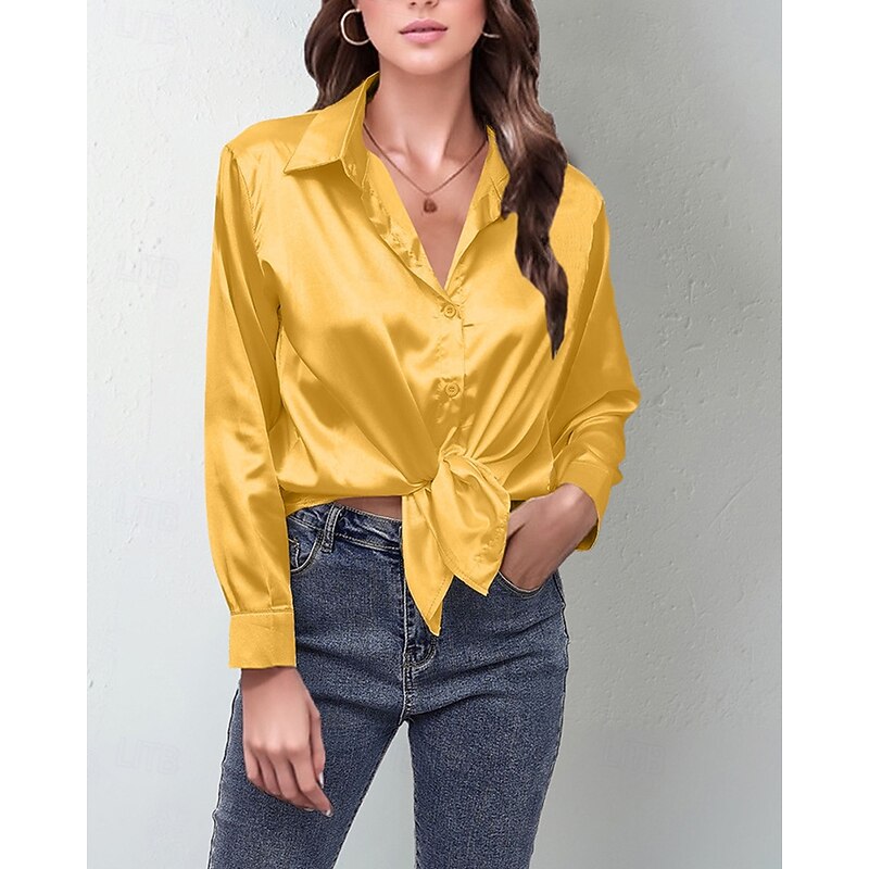Women's Shirt Elegant Dressy Satin Solid Color Elegant Stylish Basic Long Sleeve Shirt Collar Regular Tops Daily Going out Buttons White Yellow Royal Blue Light Purple Brown Spring Fall4