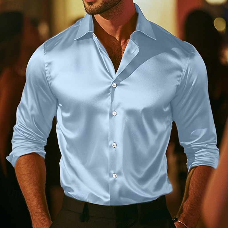 Men's Shirt Satin Shirt Dress Shirt Casual Shirt Button Up Shirt Prom Shirt Plain Formal Wedding Light Blue Black Navy Blue Royal Blue Long Sleeve Lapel All Seasons Clothing Apparel4