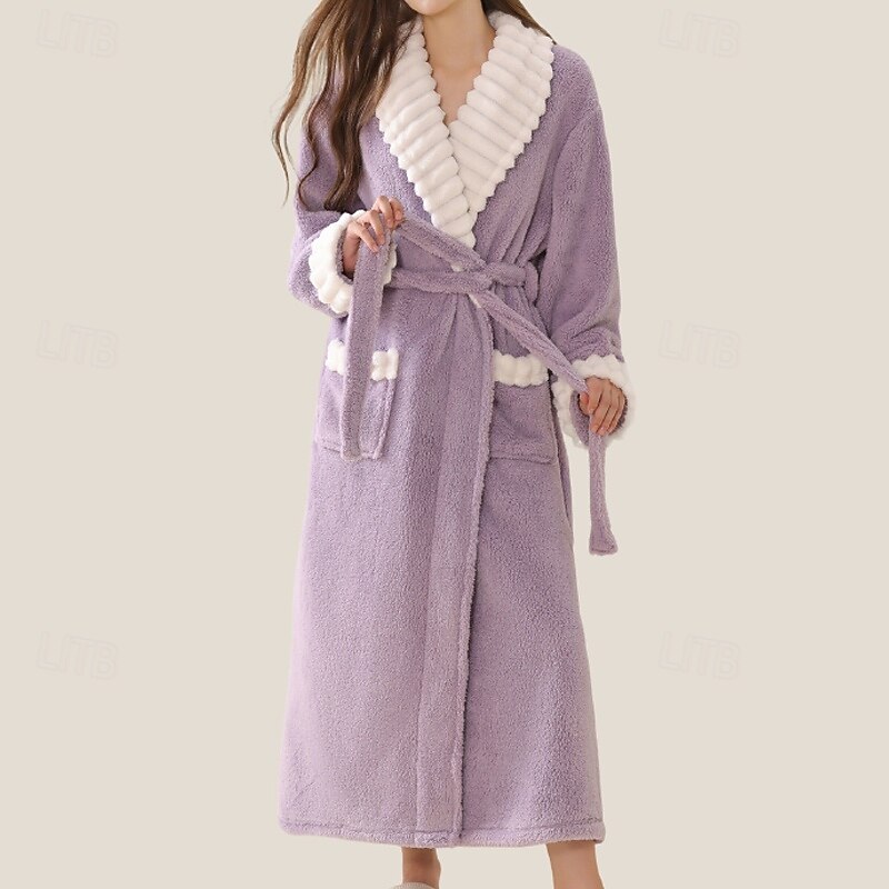 Women's Pajamas Robe Fashion Patchwork Embroidered Pocket Vacation Home Bed Long Sleeve Lapel Purple Brown Green Gray Fall Winter Tailored Fit