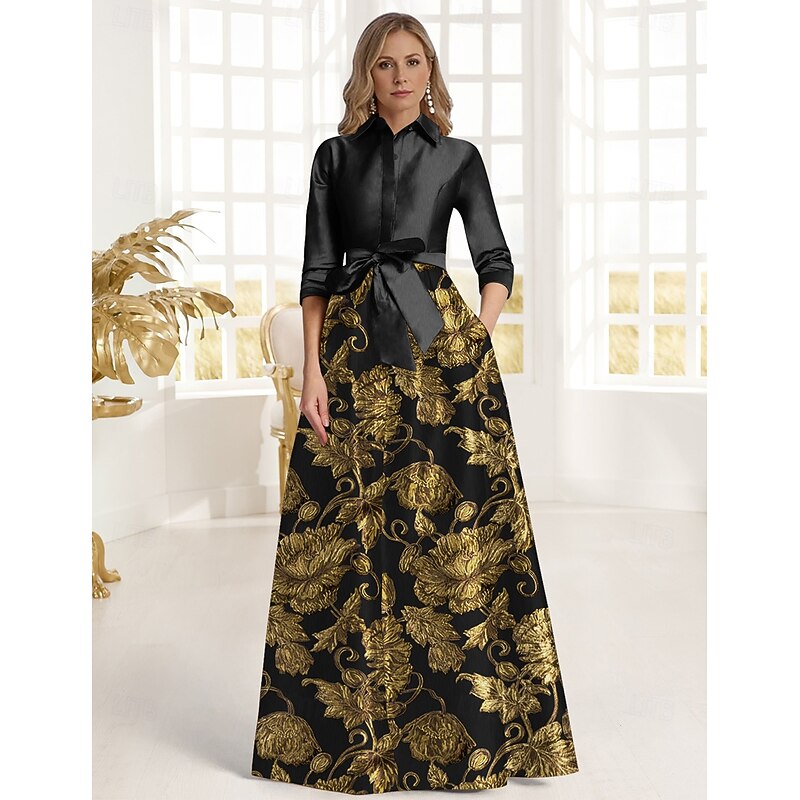 Black and Gold Floral Jacquard A-Line Mother of the Bride Dress Elegant Shirt Collar Floor Length Taffeta 3/4 Length Sleeve with Bow(s)