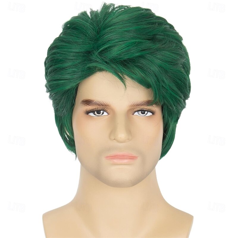 Short Straight Green Wig for Men Synthetic Layered School Theme Cosplay Wig
