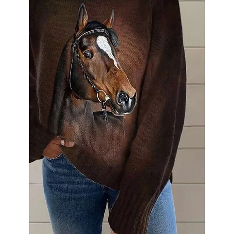 Women's Sweater Pullover Horse Daily Graphic Animal Ribbed Turtleneck Knitted Print Long Sleeve Regular Tops Knit Outdoor Weekend Brown Fall Winter3