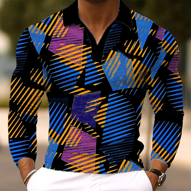 Men's Geometic Polo Long Sleeve Polo Shirts Lapel Casual Outdoor Athleisure Daily Wear 3D Print Buttons Spring Fall Winter Yellow Blue Green3
