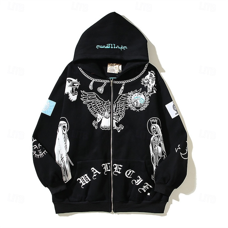 Men's Graphic Eagle Hoodie Fashion Daily Hooded Vacation Party Streetwear Black Gray Zip Up Pocket Printing Spring Fall Designer4