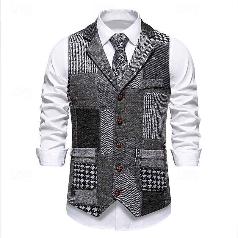 Men's Vest Waistcoat Gilet Vacation Party Business Fashion Casual Spring Fall Pocket Buttons Polyester Comfortable Plaid Single Breasted One-button Lapel Regular Fit Wine Blue Gray Vest2