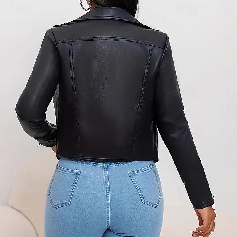 Women's Faux Leather Jacket Warm Comfortable Zipper Casual Solid Color Vacation Street Casual Daily Wear Short Turndown Regular Fit Long Sleeve Outerwear Black Fall Winter3