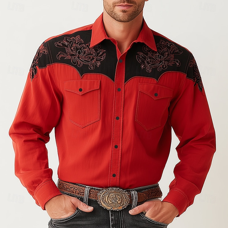 Men's Floral Print Ethnic Flowers Shirt Western Shirt Cowboy Shirt Long Sleeve Vintage Retro Outdoor Casual WorkWear Spring Fall Turndown Front Two Pockets Linen Like Shirt Button Up Shirts Yellow