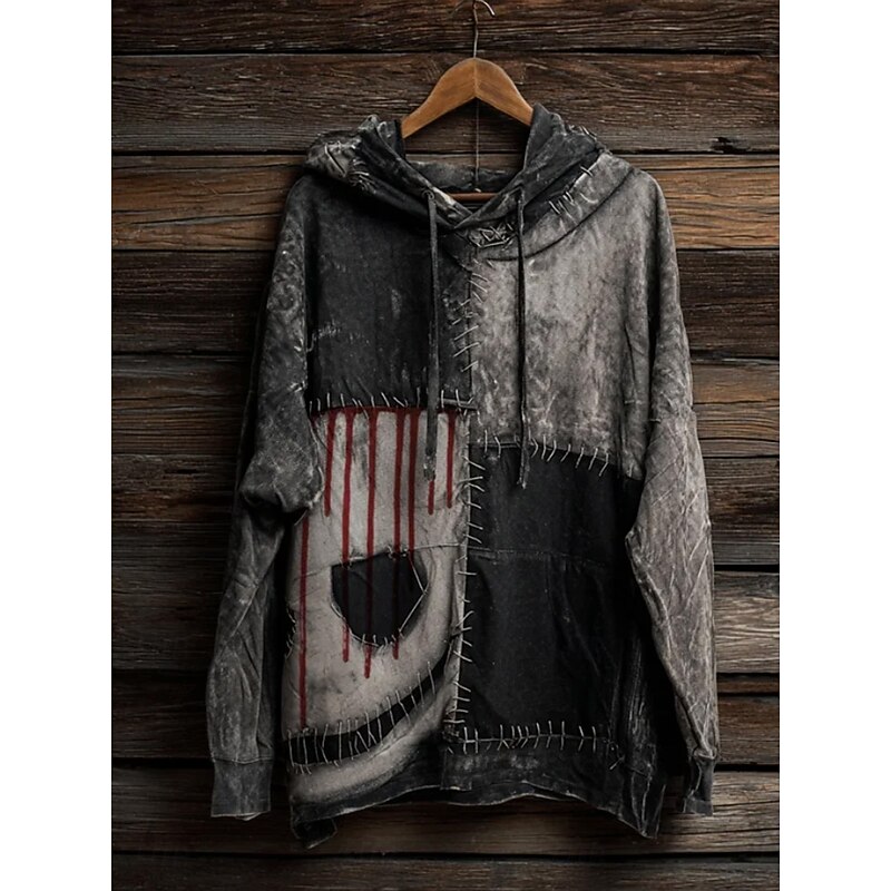 Women's Pullover Hoodie Sweatshirt Graphic Geometric Halloween Vintage Fashion Western Long Sleeve Hooded Regular Tops Street Dailywear Holiday Patchwork Print Dark Gray Fall Winter