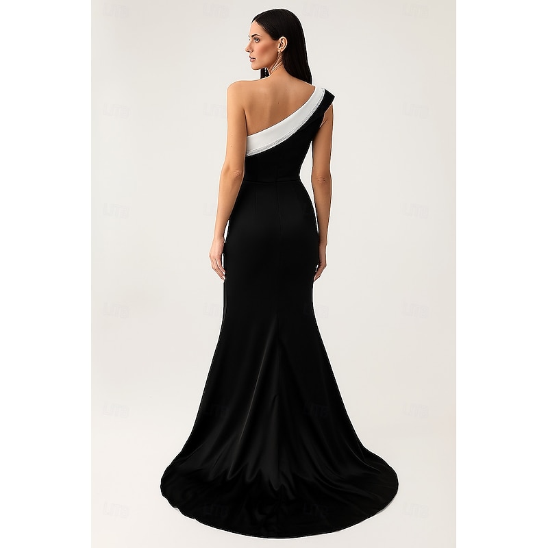 Black and White Mermaid Evening Gown Elegant Dress Wedding Formal Floor Length Sleeveless One Shoulder Stretch Crepe with Glitter Ruched2