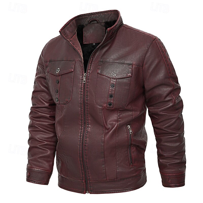 Men's Faux Leather Jacket Fleece Jacket Biker Jacket Motorcycle Jacket Vacation Daily Windproof Warm Pocket Winter Plain Fashion Classic Stand Collar Regular Wine Jacket3