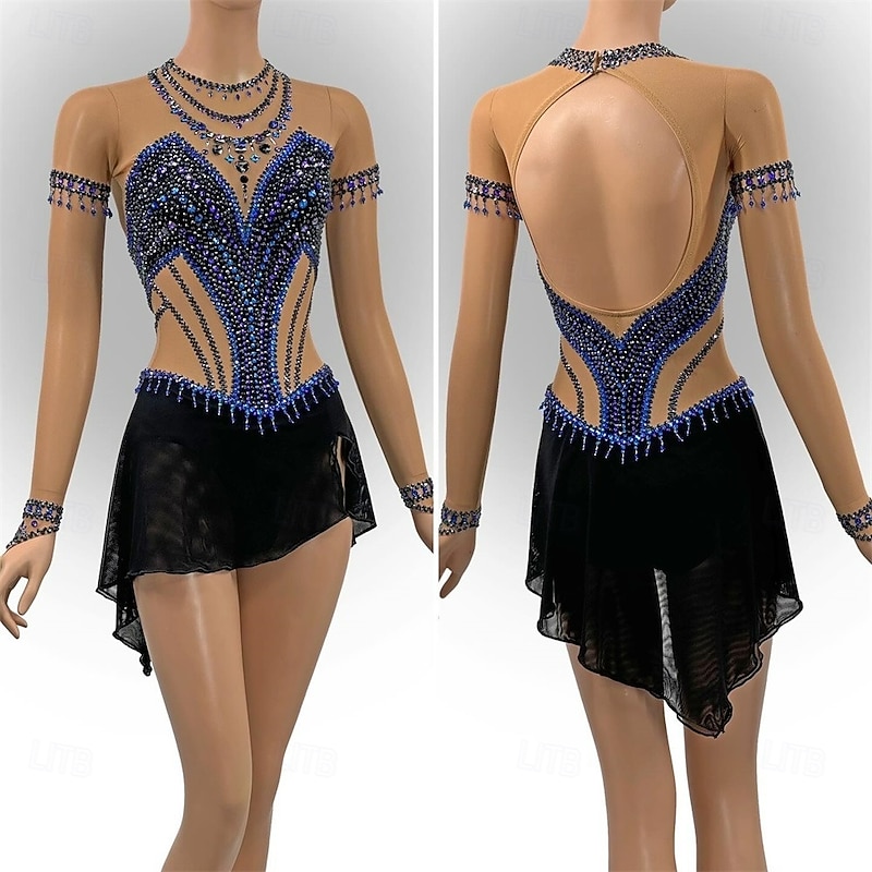 Figure Skating Dress Women's Girls' Ice Skating Dress Black+Blue Patchwork Open Back Mesh Spandex High Elasticity Training Competition Skating Wear Classic Crystal / Rhinestone Long Sleeve Ice3