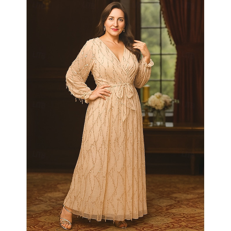 A-Line Mother of the Bride Dress Plus Size Sparkle & Shine V Neck Ankle Length Lace Sequined Long Sleeve with Color Block