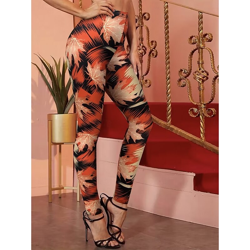 Women's Leggings Vacation Vintage Fashion Full Length High Waist Graphic Leaf Printing Thermal Warm Soft Breathable Stretchy Formal Outdoor Vacation Earth Yellow Spring Fall Slim Fit3