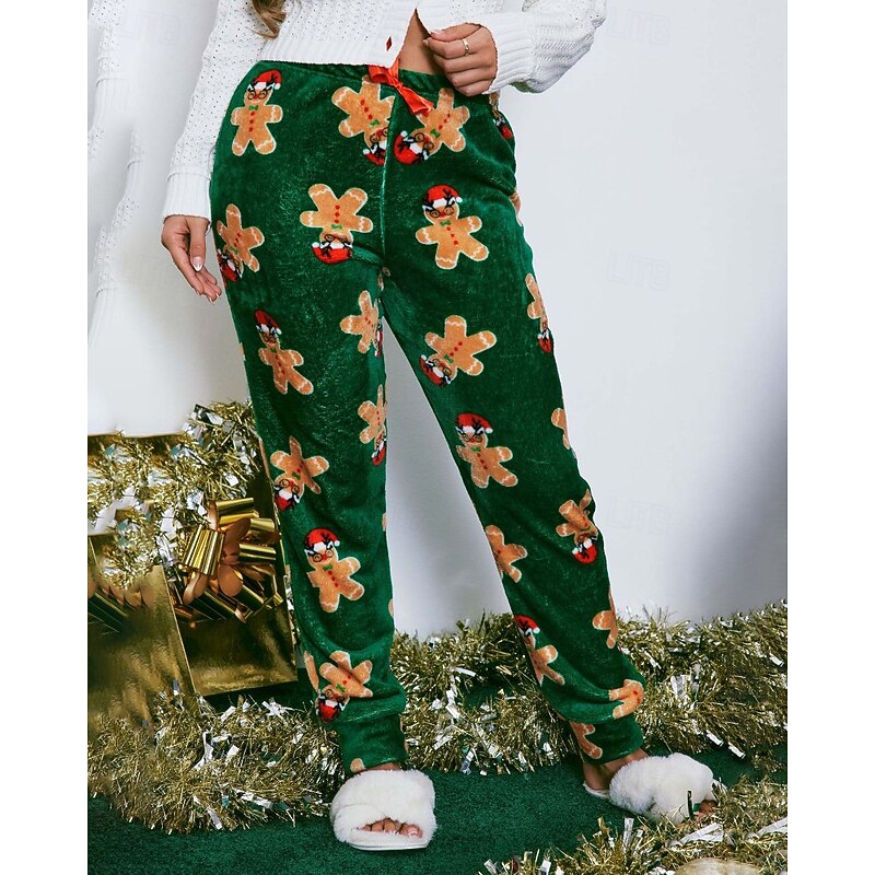 Women's Fleece Pants Chinos Vacation Vintage Streetwear Full Length Medium WaistPantsUgly Christmas Floral Elastic Waist Printing Comfortable Micro-elastic Stretchy Outdoor Vacation Home Green Summer