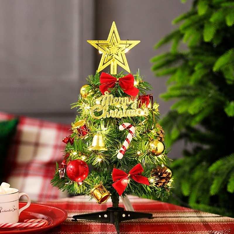 Tabletop Christmas Tree with Lights, 30/45cm Mini Artificial Christmas Tree with LED String Lights and Ornaments2