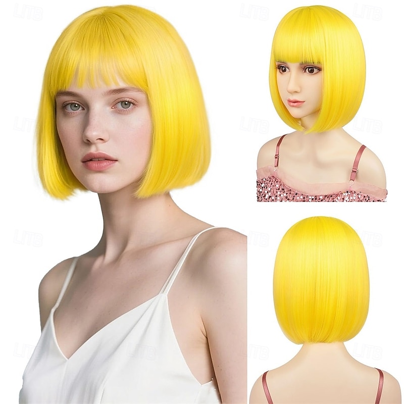 Bob Wigs with Straight Flat Bangs 12 Synthetic Fiber Hair Includ Wig Cap Yellow Wig for All Women Kids Halloween Costume Party Colorful Wigs