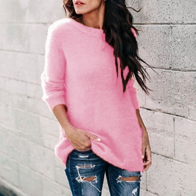 Women's Sweater Pullover Streetwear Casual Pure Color Ribbed Crew Neck Knitted Long Sleeve Long Tops Knit Outdoor Daily Weekend Hot Pink Pink Fall Winter