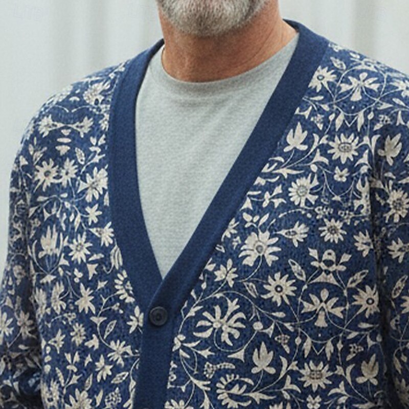 Christmas Men's Ditsy Floral Flower / Plants Sweater Cardigan Sweater V Neck Retro Vintage Casual Outdoor Home Party Buckle Long Sleeve Fall Winter Blue Ink Blue2