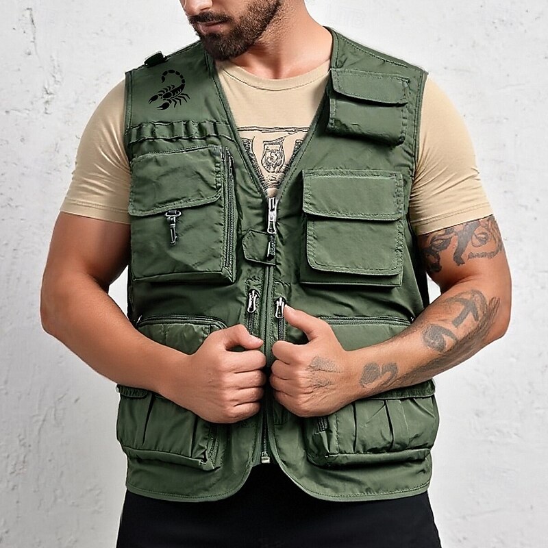Men's Scorpion Vest Gilet Fishing Vest Tactical Practical Casual Photography Camping & Hiking Hunting Quick Dry Multiple Pockets Fishing Vest with Removable Mesh Back Fall Winter Collarless Sleeveless