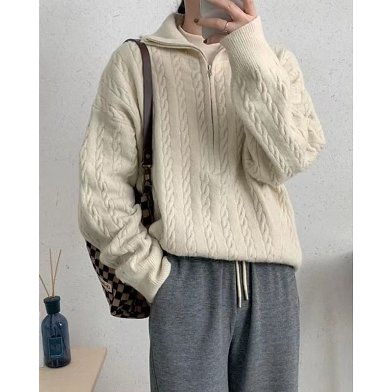 Women's Sweater Casual Soft Solid Color Ribbed Half Zip Knitted Long Sleeve Regular Tops Knit Outdoor Daily Weekend Beige Fall Winter2