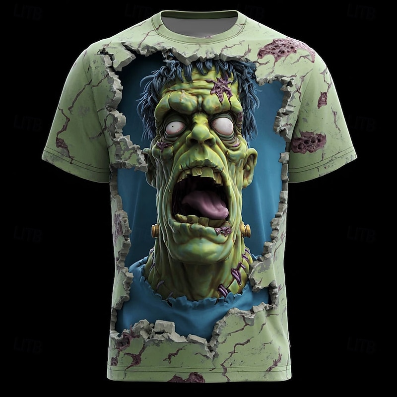Halloween Men's Optical Illusion Zombies 3D T Shirt Short Sleeve T shirt 3D Print Crew Neck Shirt Exaggerated Designer Horror Party Street Club Green 1# Green 2# Summer Spring All Seasons Clothing - Main Image