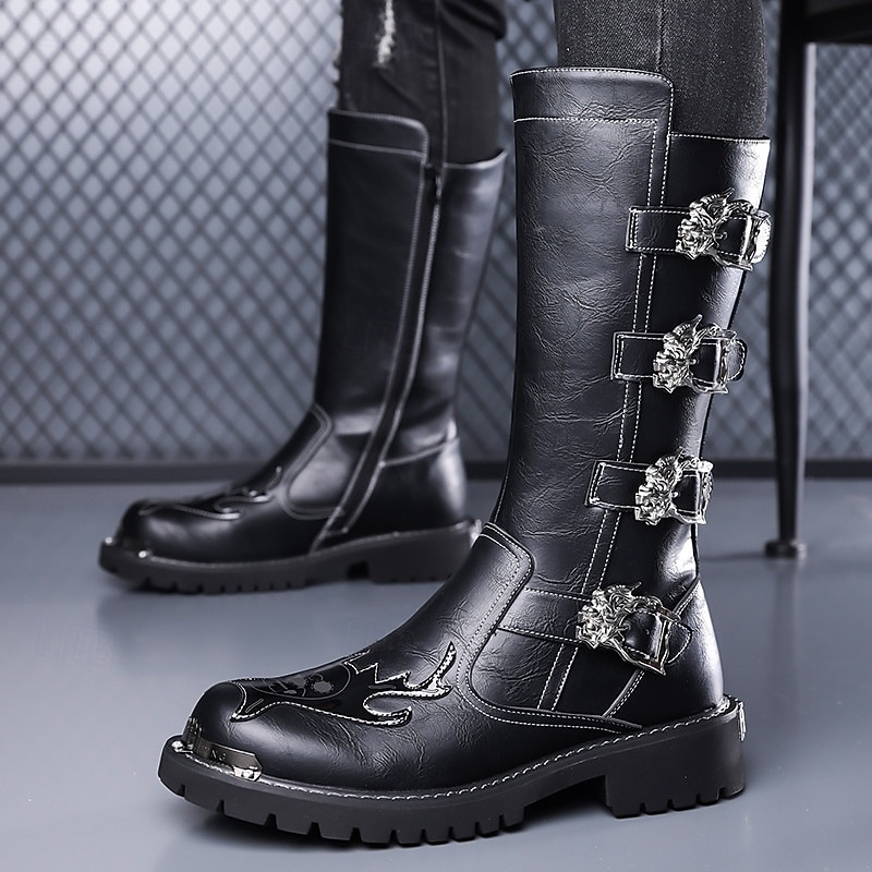 Men's Black Gothic Knee High Boots – Faux Leather Punk Rock Style with Buckle Straps for Halloween, Cosplay and Concerts2