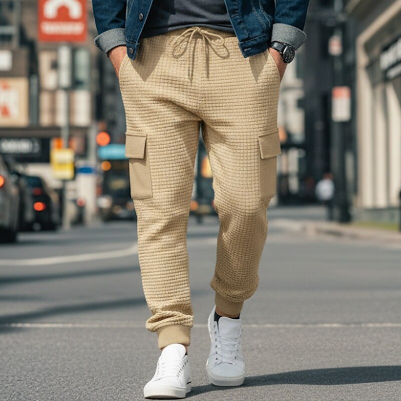 Men's Waffle Cargo Sweatpants Joggers Trousers Casual Pants Drawstring Elastic Waist Plain Comfort Full Length Outdoor Casual Daily Fashion Streetwear Black White Stretchy3