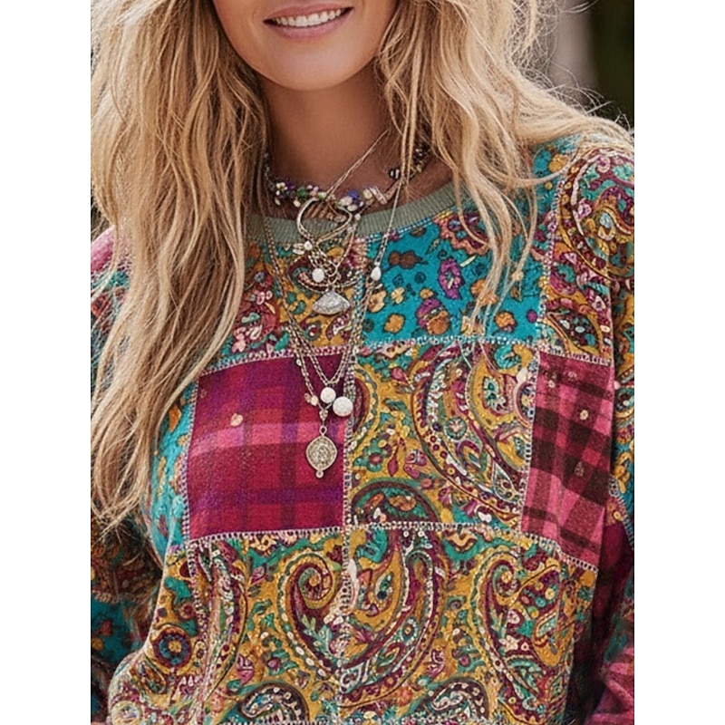 Women's Pullover Hoodies Floral Paisley Plaid Vintage Streetwear Boho Long Sleeve Crew Neck Hooded Regular Tops Dailywear Casual Drawstring Print Blue Spring Fall2