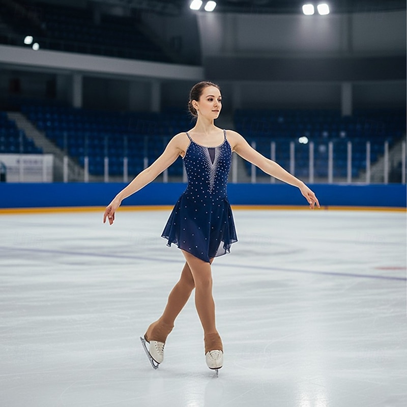Figure Skating Dress Women's Girls' Ice Skating Dress Dark Navy Patchwork Open Back Mesh Spandex Stretchy Training Practice Professional Skating Wear Thermal Warm Crystal / Rhinestone Sleeveless Ice - Main Image