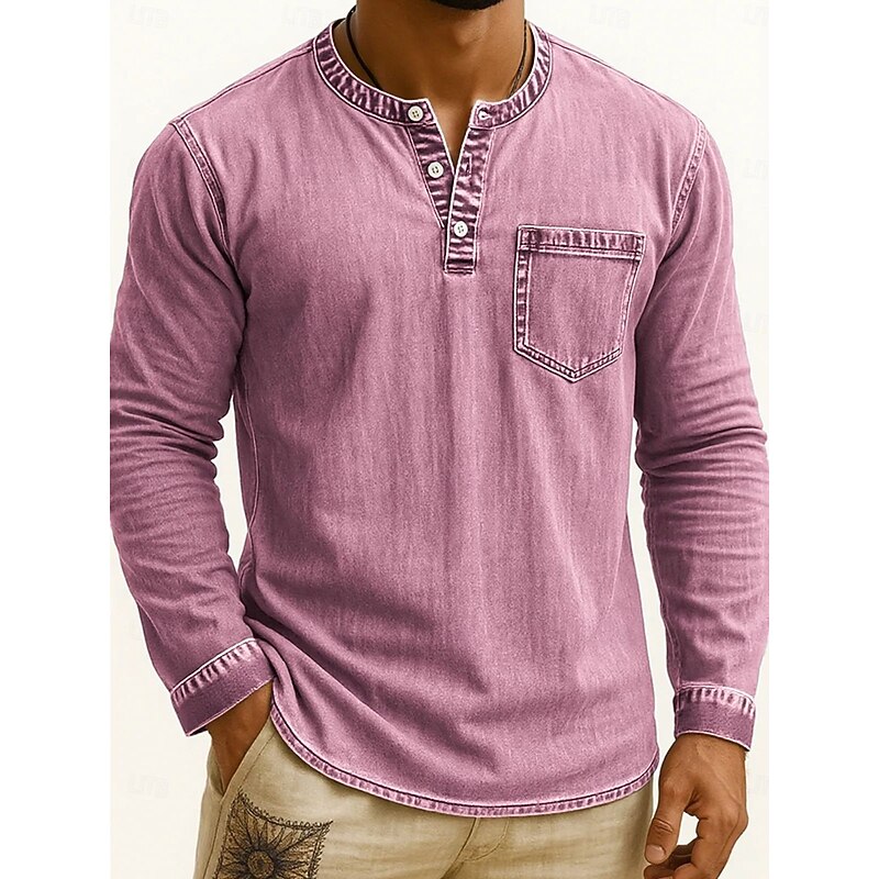 Men's Henley Shirt Tee Vintage Shirt Long Sleeve Solid Color Plain Solid Vintage Fashion Retro Buttons Henley Outdoor Casual Daily Summer Spring All Seasons Black Pink Gray Henley T-Shirt3